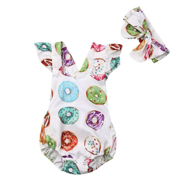 Donut Print Romper Open Back Sleeveless with Ribbon Headband