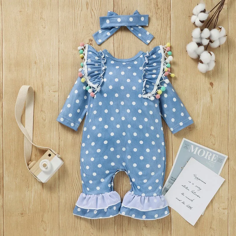 Dotted Bell Bottom Romper with Pom Pom & Ribbon Headband Long Sleeve - Image 2