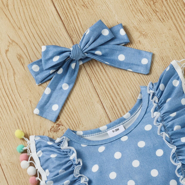Dotted Bell Bottom Romper with Pom Pom & Ribbon Headband Long Sleeve - Image 3