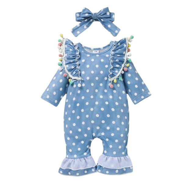 Dotted Bell Bottom Romper with Pom Pom & Ribbon Headband Long Sleeve