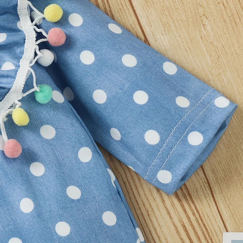 Dotted Bell Bottom Romper with Pom Pom & Ribbon Headband Long Sleeve - Image 4