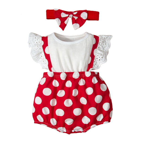 Sleeveless Dotted Pattern Suspender Romper with Matching Headband