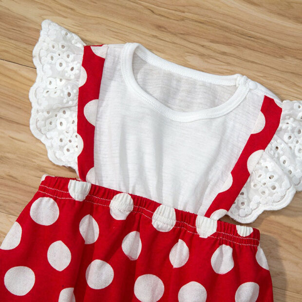 Sleeveless Dotted Pattern Suspender Romper with Matching Headband - Image 3