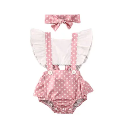 Dotted Suspender Romper Backless Sleeveless with Ribbon Headband