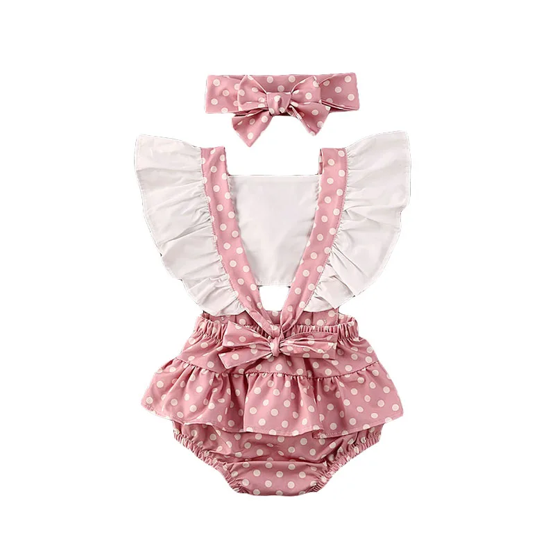 Dotted Suspender Romper Backless Sleeveless with Ribbon Headband - Image 2