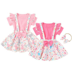 Easter Bunny Flower Pattern Suspender Dress & Plain Color Long Sleeve T-Shirt with Ribbon Headband