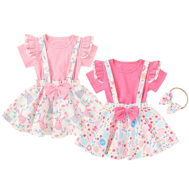 Easter Bunny Flower Pattern Suspender Dress & Plain Color Long Sleeve T-Shirt with Ribbon Headband