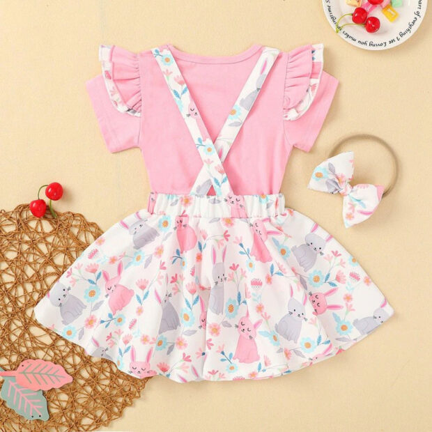 Easter Bunny Flower Pattern Suspender Dress & Plain Color Long Sleeve T-Shirt with Ribbon Headband - Image 4