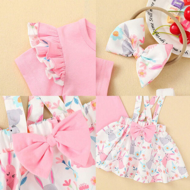 Easter Bunny Flower Pattern Suspender Dress & Plain Color Long Sleeve T-Shirt with Ribbon Headband - Image 5