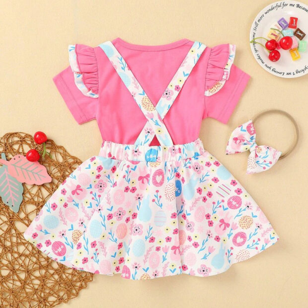 Easter Bunny Flower Pattern Suspender Dress & Plain Color Long Sleeve T-Shirt with Ribbon Headband - Image 2