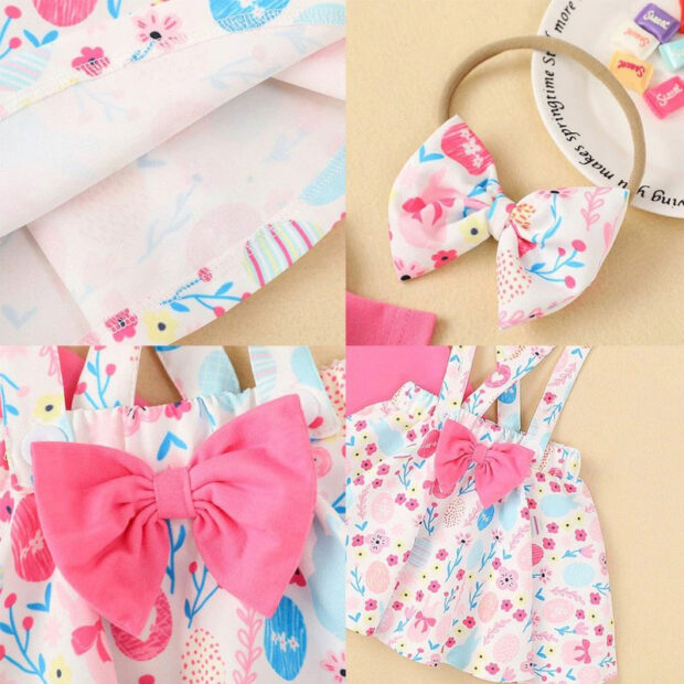 Easter Bunny Flower Pattern Suspender Dress & Plain Color Long Sleeve T-Shirt with Ribbon Headband - Image 3