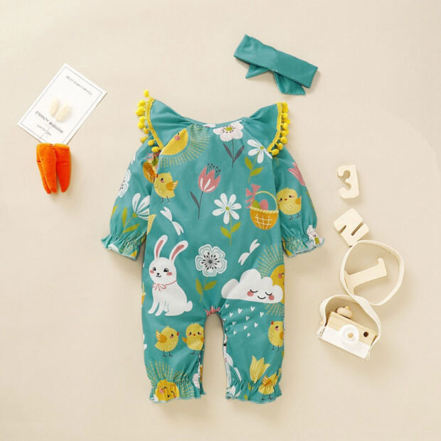 Easter Rabbit Print Romper Long Sleeve with Pom Pom & Ribbon Headband - Image 2