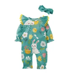 Easter Rabbit Print Romper Long Sleeve with Pom Pom & Ribbon Headband