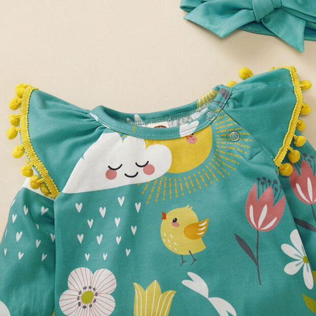 Easter Rabbit Print Romper Long Sleeve with Pom Pom & Ribbon Headband - Image 3