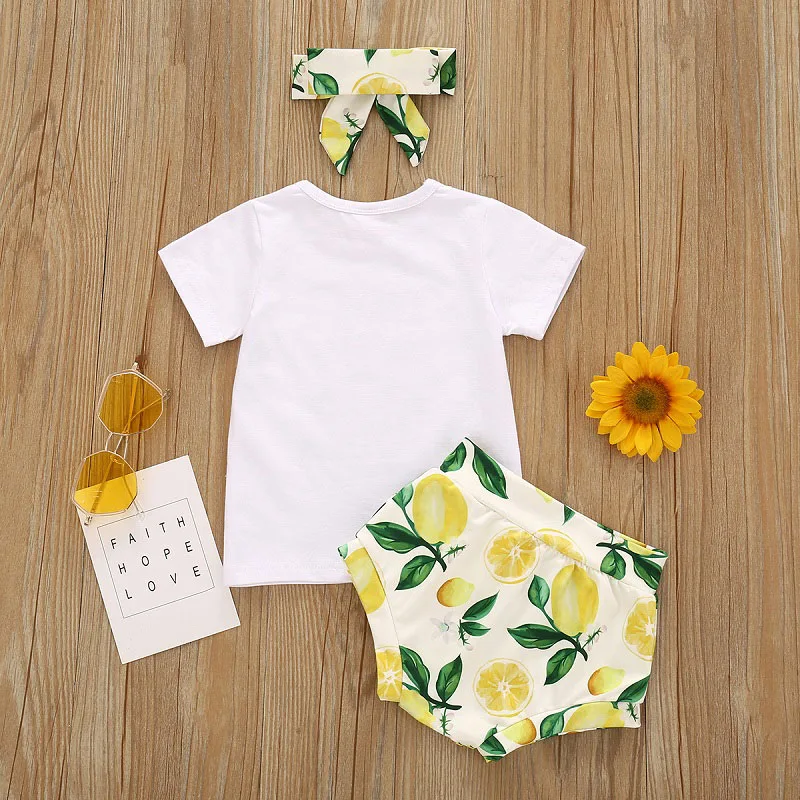 Baby Girl Easy Peasy Letter Print T-Shirt & Lemon Pattern Bloomers Short Sleeve & Ribbon Headband 3 pcs - Image 2