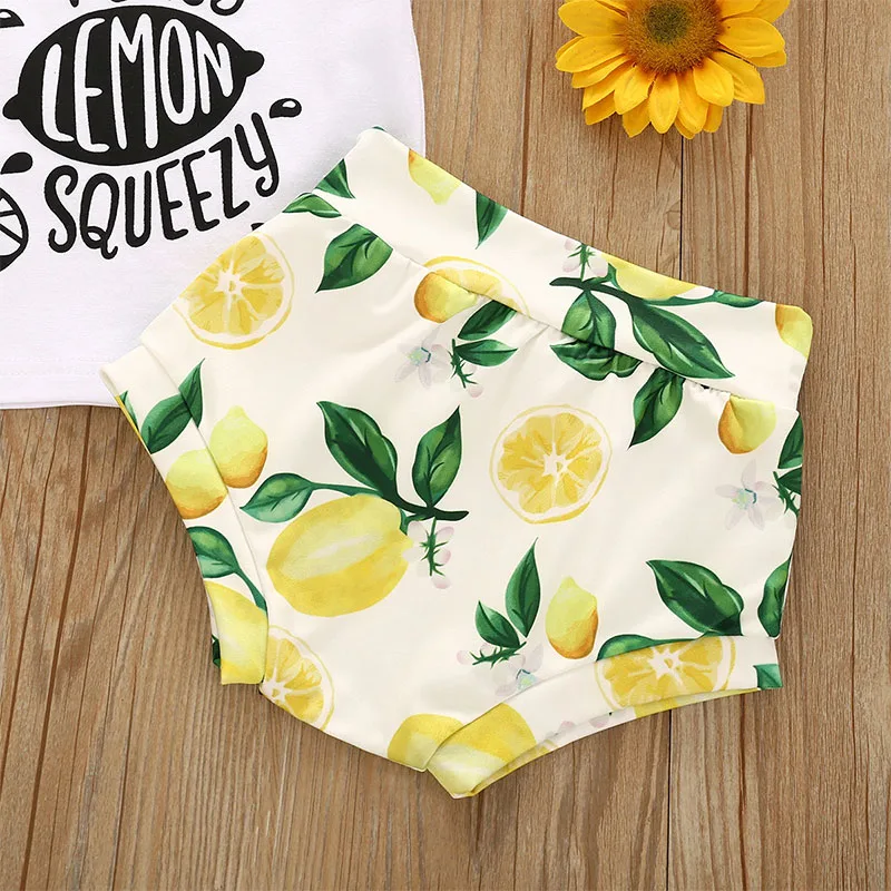 Baby Girl Easy Peasy Letter Print T-Shirt & Lemon Pattern Bloomers Short Sleeve & Ribbon Headband 3 pcs - Image 3