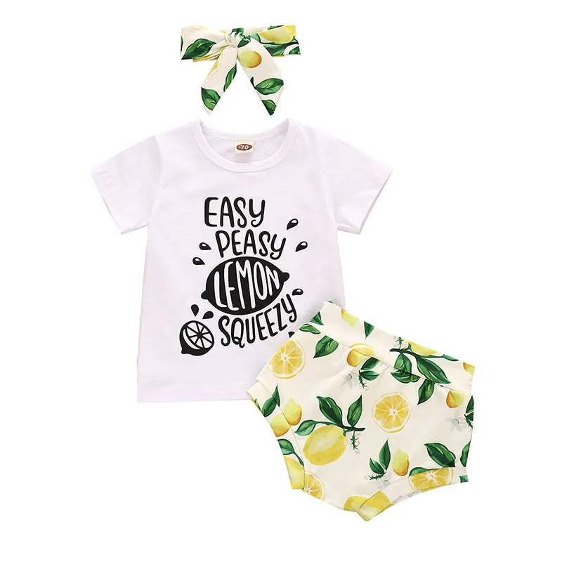 Baby Girl Easy Peasy Letter Print T-Shirt & Lemon Pattern Bloomers Short Sleeve & Ribbon Headband 3 pcs