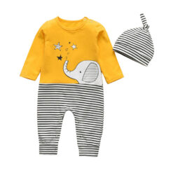 Baby Elephant Print Jumpsuit Long Sleeve Pajamas & Beanie Hat