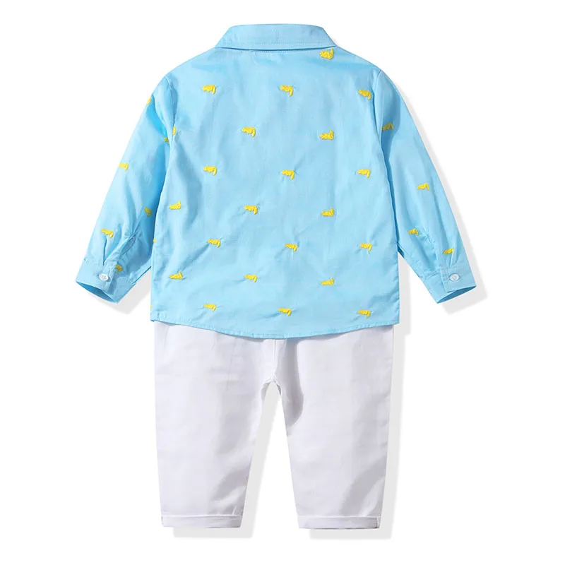 Baby Boy Embroidery Tucked Button Shirt, Elastic Pants 2 pcs Outfit - Image 2