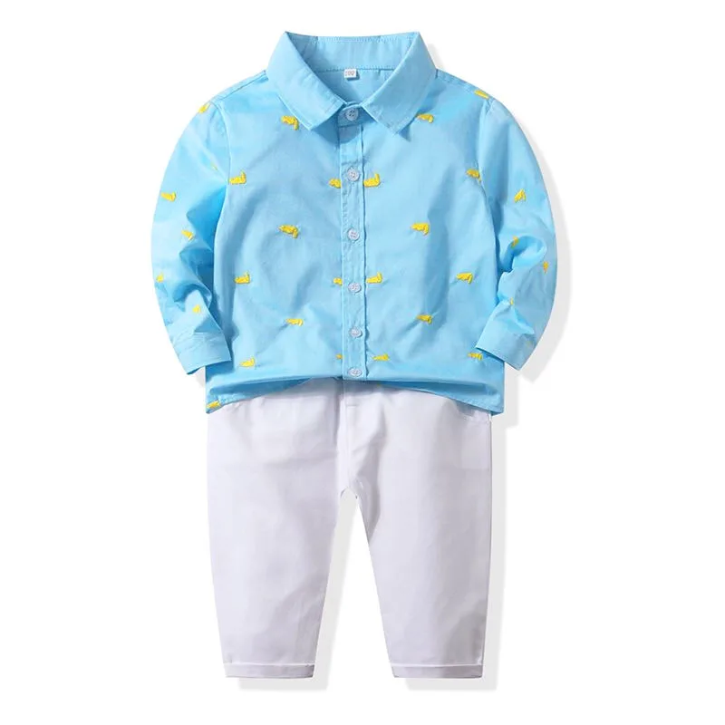 Baby Boy Embroidery Tucked Button Shirt, Elastic Pants 2 pcs Outfit