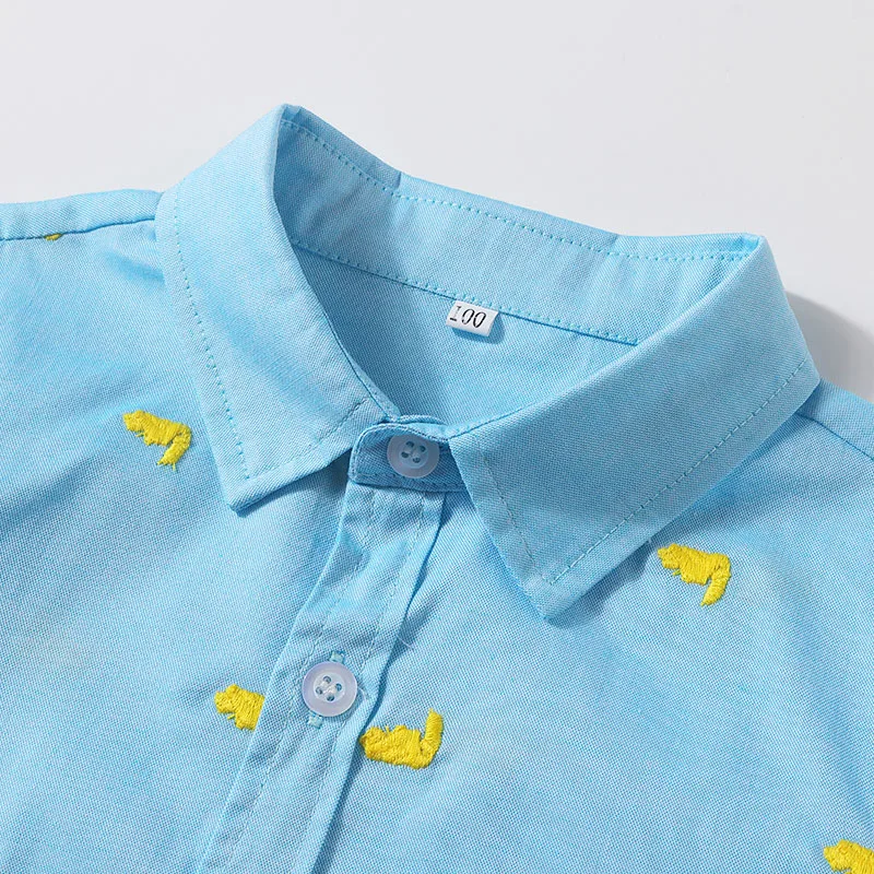 Baby Boy Embroidery Tucked Button Shirt, Elastic Pants 2 pcs Outfit - Image 3