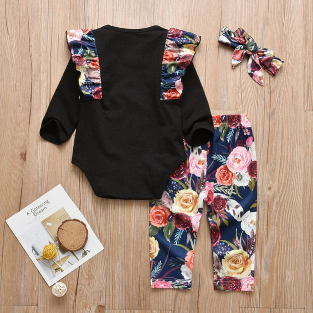 Baby Girl Floral Butterfly Shoulder Onesie, Pants, Ribbon Headband Long Sleeve 3 pcs Set - Image 2