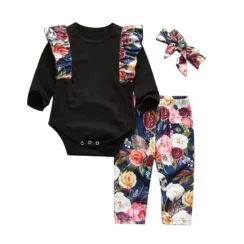 Baby Girl Floral Butterfly Shoulder Onesie, Pants, Ribbon Headband Long Sleeve 3 pcs Set