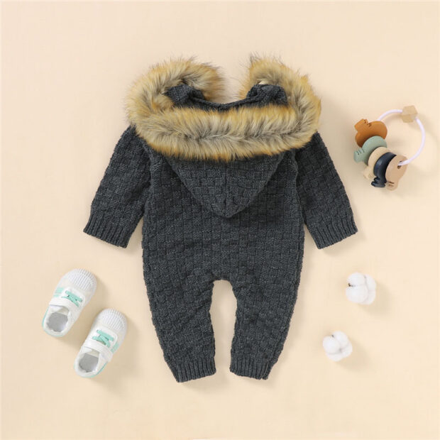 Faux Fur Knitted Hoodie Romper Long Sleeve Button Up - Image 2