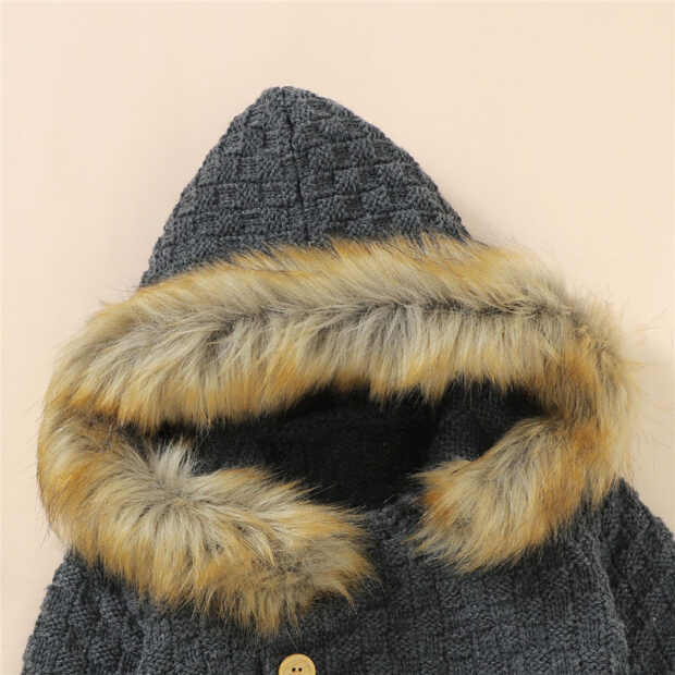 Faux Fur Knitted Hoodie Romper Long Sleeve Button Up - Image 3