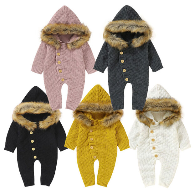 Faux Fur Knitted Hoodie Romper Long Sleeve Button Up
