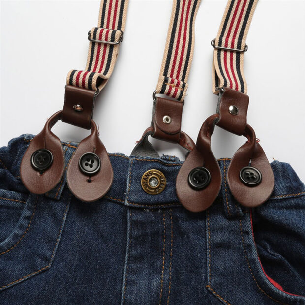 Toddler Boy Fire Truck Print T-Shirt, Checker Button Up Shirt & Suspenders Denim Jeans - Image 6