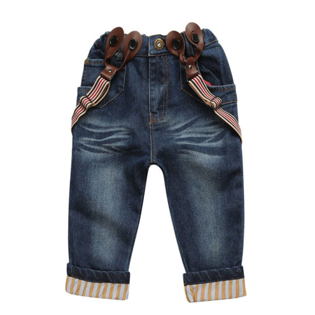 Toddler Boy Fire Truck Print T-Shirt, Checker Button Up Shirt & Suspenders Denim Jeans - Image 5