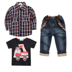 Toddler Boy Fire Truck Print T-Shirt, Checker Button Up Shirt & Suspenders Denim Jeans
