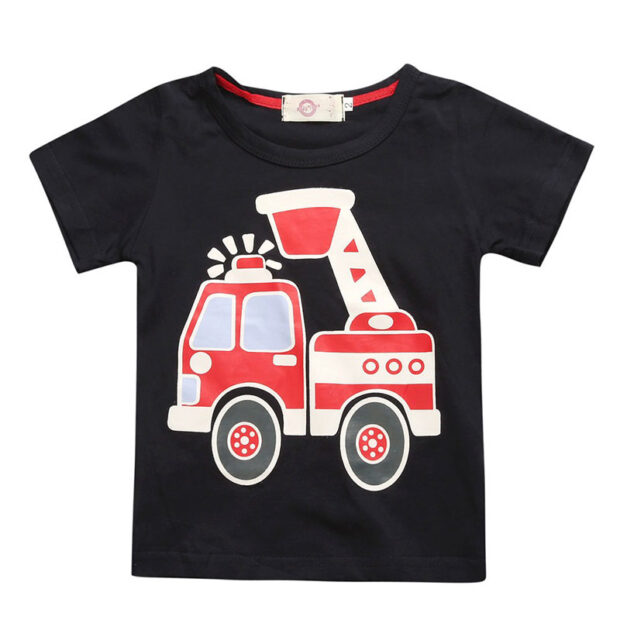Toddler Boy Fire Truck Print T-Shirt, Checker Button Up Shirt & Suspenders Denim Jeans - Image 4