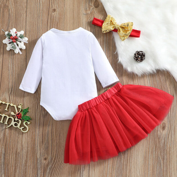 First Christmas Onesie in Glittered Print Long Sleeve & Tulle Skirt with Ribbon Headband - Image 2