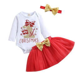 First Christmas Onesie in Glittered Print Long Sleeve & Tulle Skirt with Ribbon Headband