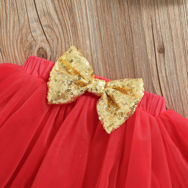 First Christmas Onesie in Glittered Print Long Sleeve & Tulle Skirt with Ribbon Headband - Image 5
