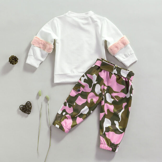 Flamingo Print Elastic Pants with Belt & Sweatshirt Long Faux Fur Sleeve Outfit - Image 2
