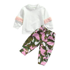Flamingo Print Elastic Pants with Belt & Sweatshirt Long Faux Fur Sleeve Outfit