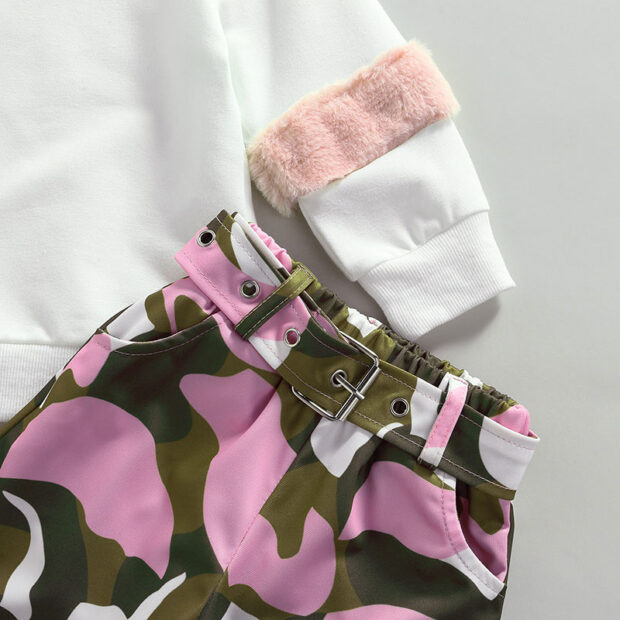 Flamingo Print Elastic Pants with Belt & Sweatshirt Long Faux Fur Sleeve Outfit - Image 4