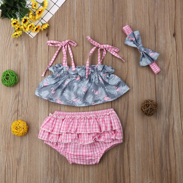 Flamgingo Pattern Off Shoulder Crop Top & Gingham Pattern Diaper Cover with Headband - Image 2