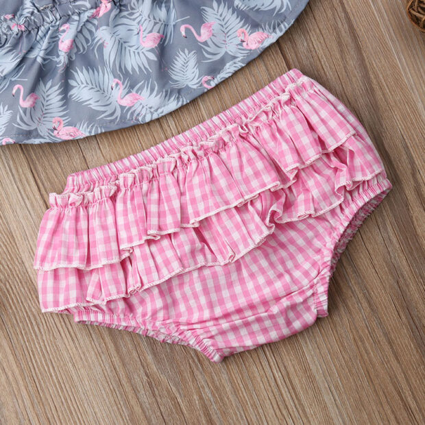 Flamgingo Pattern Off Shoulder Crop Top & Gingham Pattern Diaper Cover with Headband - Image 4