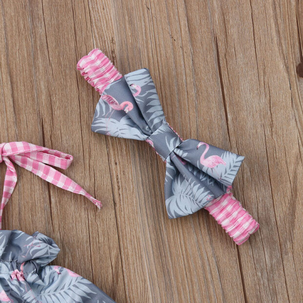 Flamgingo Pattern Off Shoulder Crop Top & Gingham Pattern Diaper Cover with Headband - Image 5
