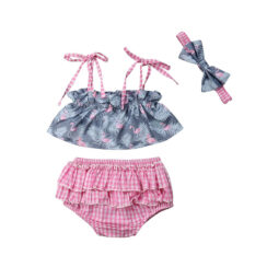 Flamgingo Pattern Off Shoulder Crop Top & Gingham Pattern Diaper Cover with Headband