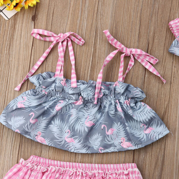 Flamgingo Pattern Off Shoulder Crop Top & Gingham Pattern Diaper Cover with Headband - Image 3