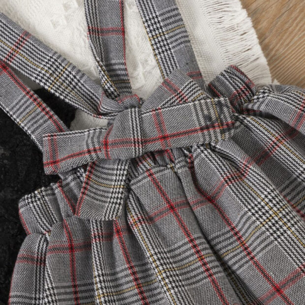 Flared Sleeve Lace Onesie & Plaid Suspender Skirt with Ribbon Headband - Image 6