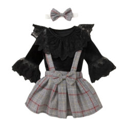 Flared Sleeve Lace Onesie & Plaid Suspender Skirt with Ribbon Headband