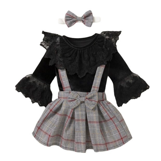 Flared Sleeve Lace Onesie & Plaid Suspender Skirt with Ribbon Headband