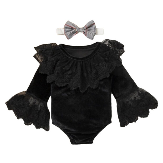 Baby Flared Lace Onesie & Plaid Suspender Skirt