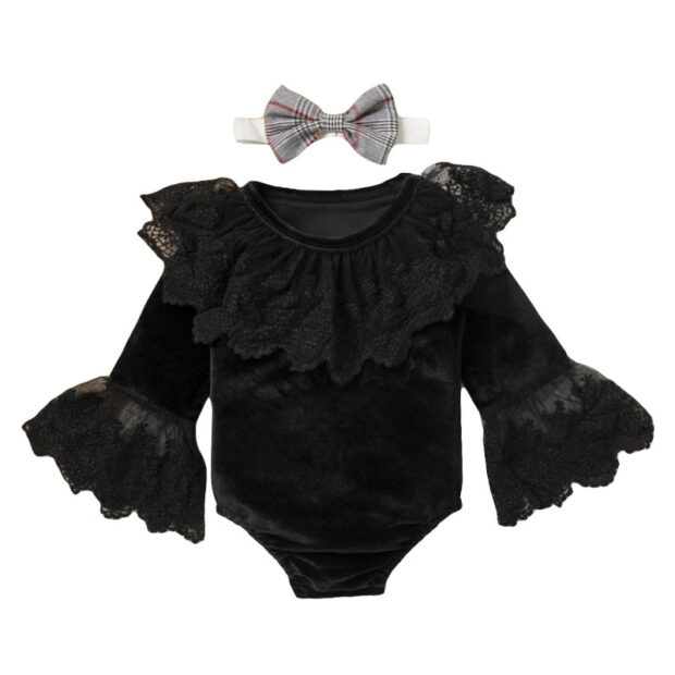 Flared Sleeve Lace Onesie & Plaid Suspender Skirt with Ribbon Headband - Image 2